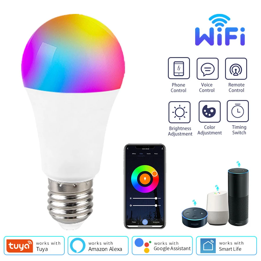 Tuya WiFi Smart LED Bulb E27 10W 15W 20W RGB CCT Dimmable APP Control Works with Alexa Google Home Voice Control Lamp 220V Light