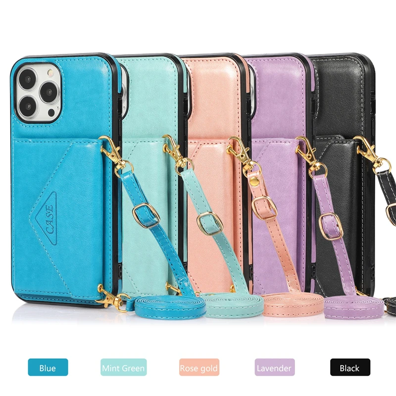 Wallet Shoulder Strap Phone Case for iPhone 15 Pro Max 14 13 12 11 Pro Max 15 Plus 13 Pro Leather Card Pocket Lanyard Back Cover