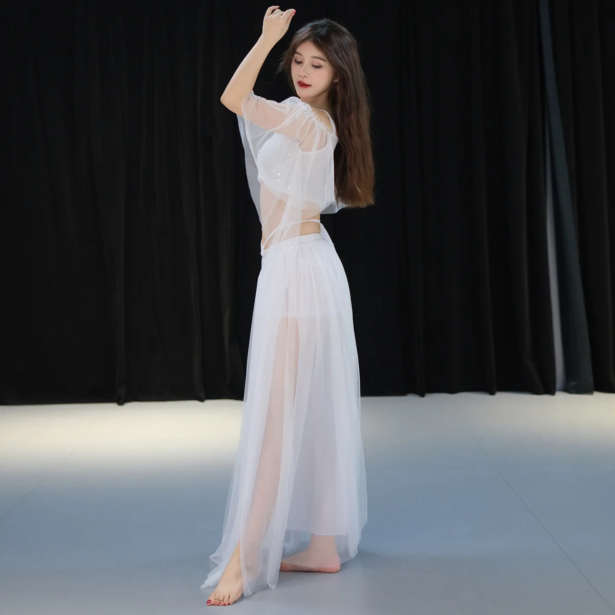 1 set/partij vrouw mode mesh buikdansen kostuums dame sexy effen pailletten bh en split rok