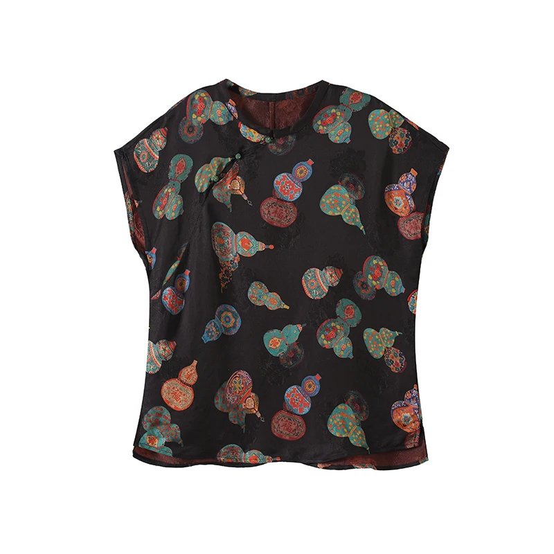 

Deluxe Chinese Sle Light National Trend Lotus Red Cloud Silk Gourd Embroidery Side Button Tang Suit Small irt Summer Top