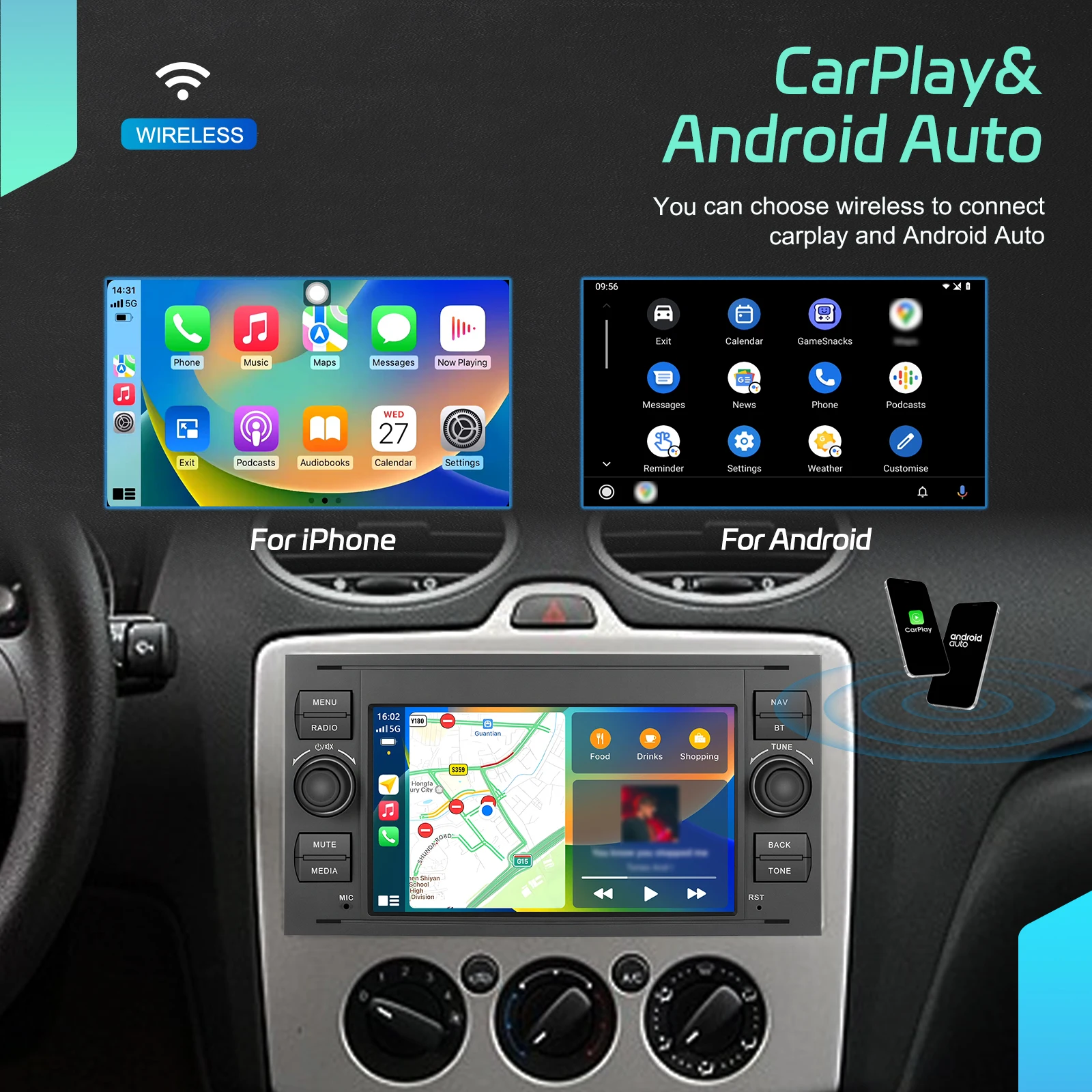 Podofo 7 "راديو السيارة اللاسلكي CarPlay راديو أندرويد لفورد فوكس/مونديو/S-Max Transit/Kuga Connect الوسائط المتعددة نظام تحديد المواقع RDS Autoradio #5