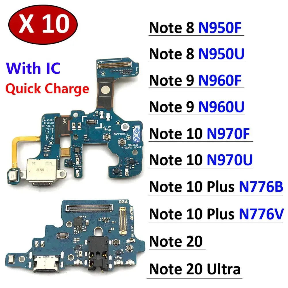 10Pcs，USB Charge Port Dock Connector Charging Board Flex Cable For Samsung Note 8 9 10 Lite Plus 20 Ultra N970F N770F