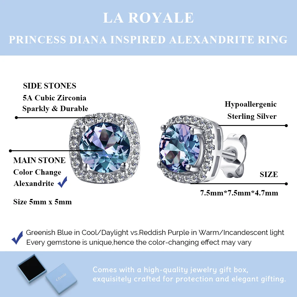 Ear Studs Inlaid Alexandrite Stone White Gold Plated 100% 925 Sterling Silver Elegant Hypoallergenic Fashion Jewelry
