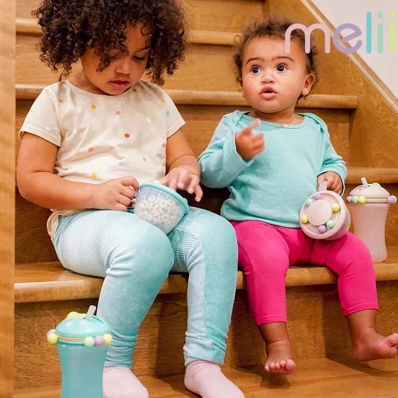 Melii Abacus Snack Container Straw Sippy Cup Silicone Food Storage Box Solid Color Baby Snack Cup Portable with Lid Kids Cup