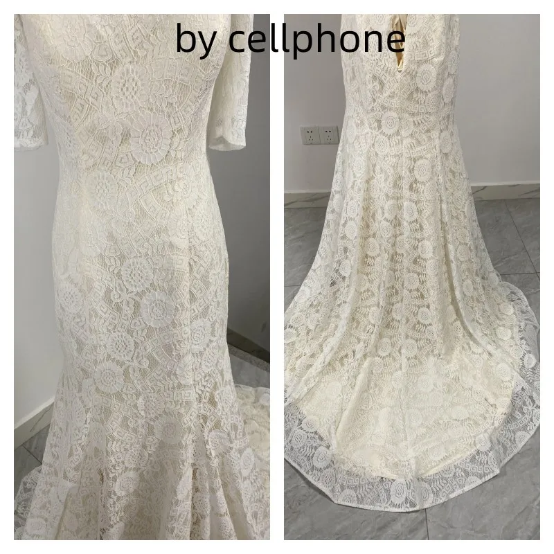 2024 Ezkuntza abito da sposa a sirena manica corta in pizzo con scollo a barchetta spazzola Train Lace Up Wrap abito da sposa semplice