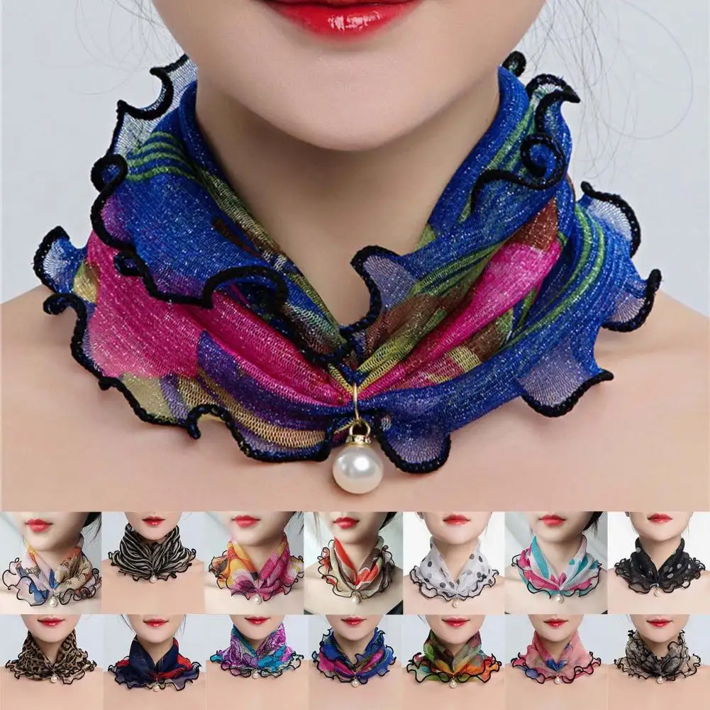 Scarf Painting Print Imitation Pearl Durable Women Scarves Ruffle Edge Lady Headscarf Neck Wrap For Banquet Шарф 스카프