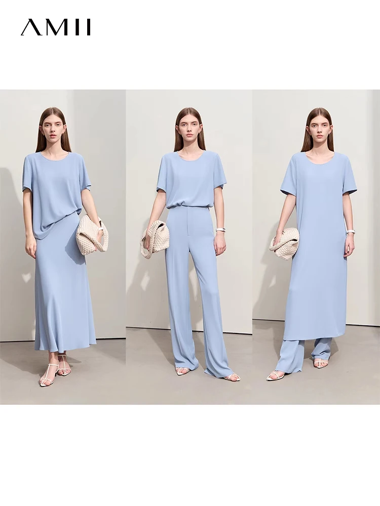 Amii Minimalism 2024 Women's Dresses Summer New Simple Elegant Round Neck Hollow Out Open Fork Loose Solid Casual Dress 12422048