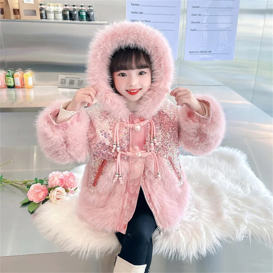 Baby Girl Fur Coat Children Autumn Winter Sweet Sequins Hooded Coat Jacket Kids Girl Princess Thick Cotton Outerwear 2-10 Year