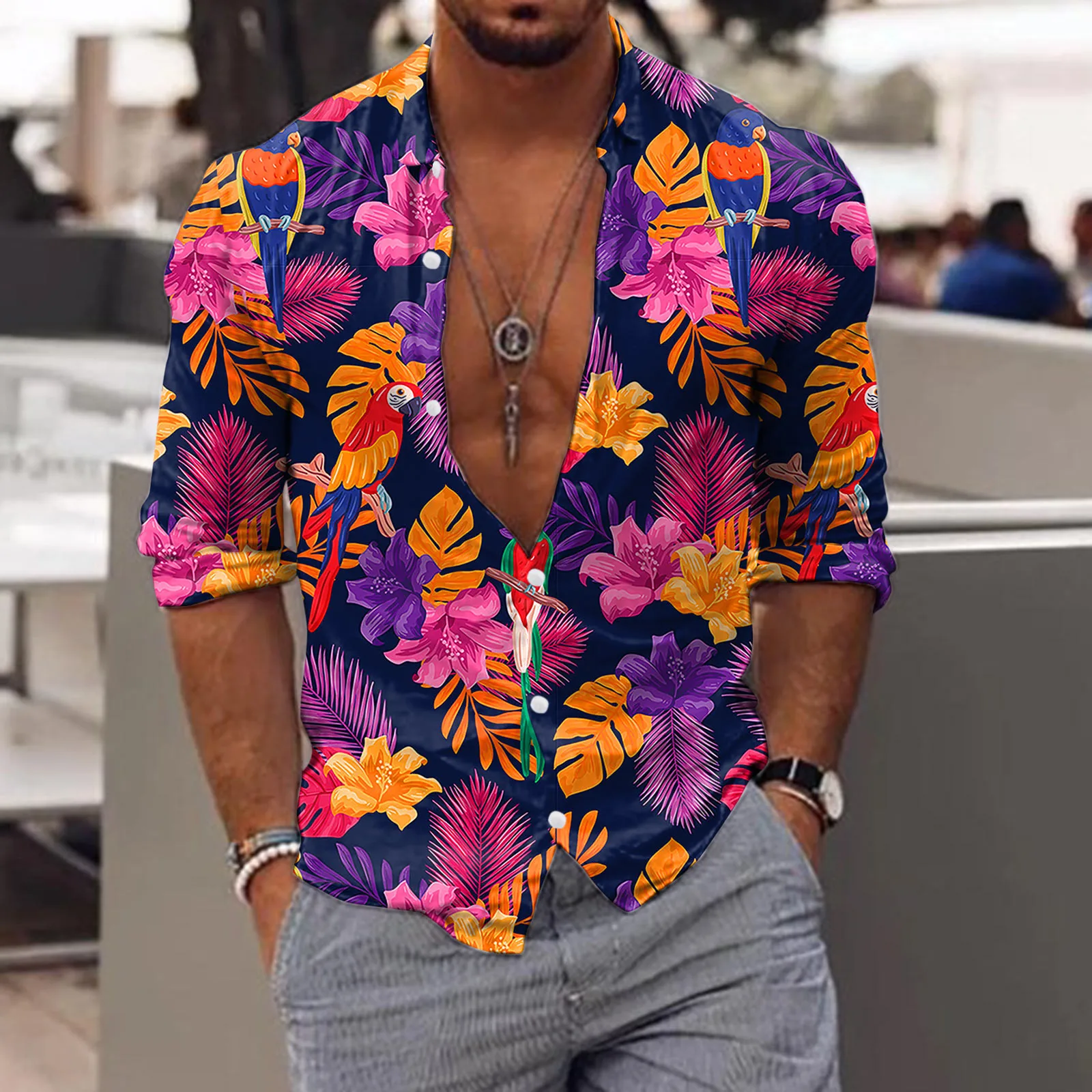 

2022 Spring Autumn Men Hawaiian Shirts Turn-down Collar Buttoned Tops Men's Casual Tropical Printed Long Sleeve Shirt Streetwear