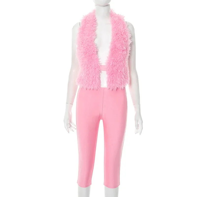 Leosoxs Set da donna Top corto senza maniche con scollo all'americana e tailleur pantalone a 3/4 2025 Summer Sexy Street Party Due set da 2 pezzi