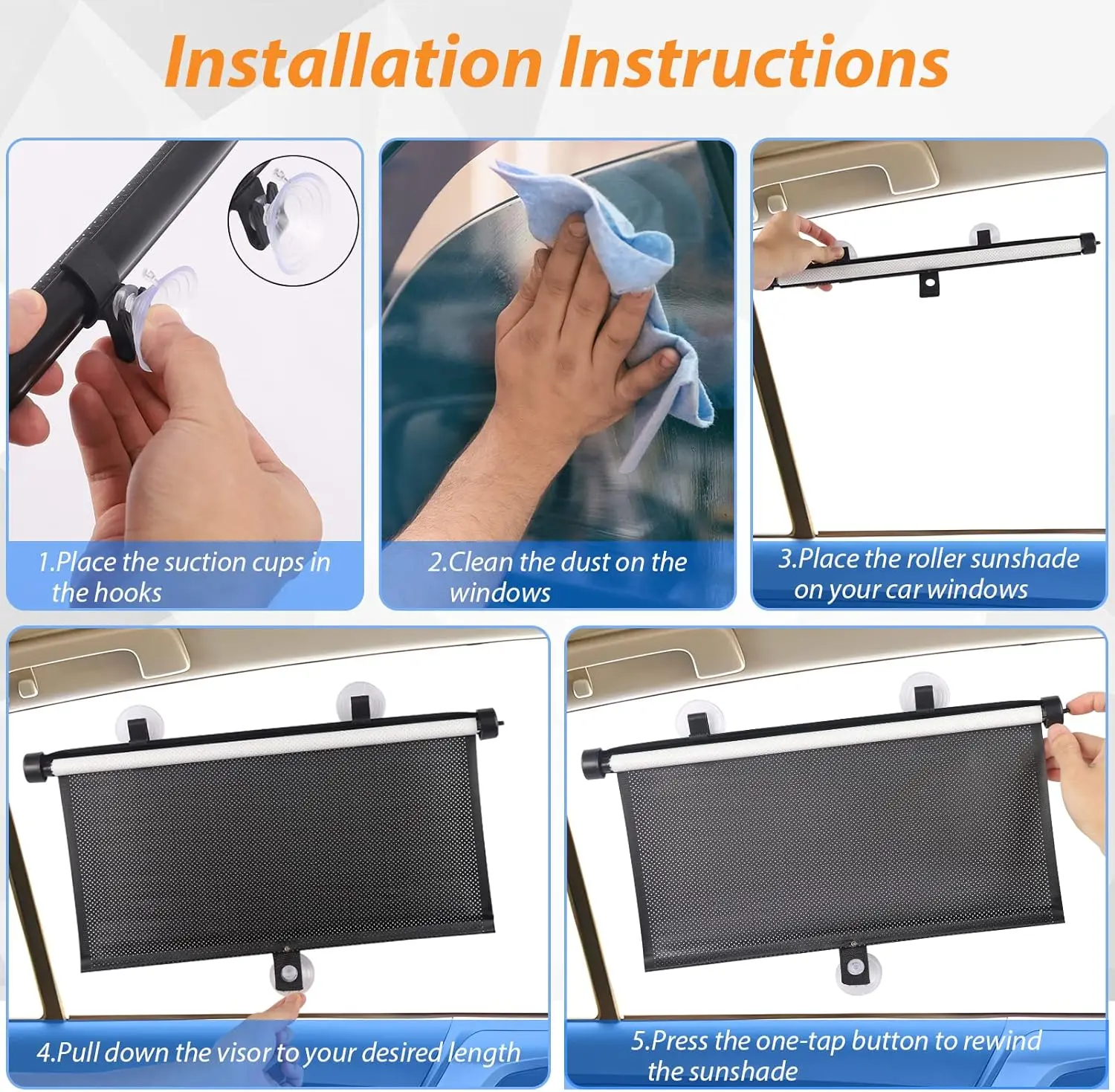 2Pcs 개폐식 차량 측면 유리 차양 롤업 차양 천공 흡입 컵 차양 자동차 용품