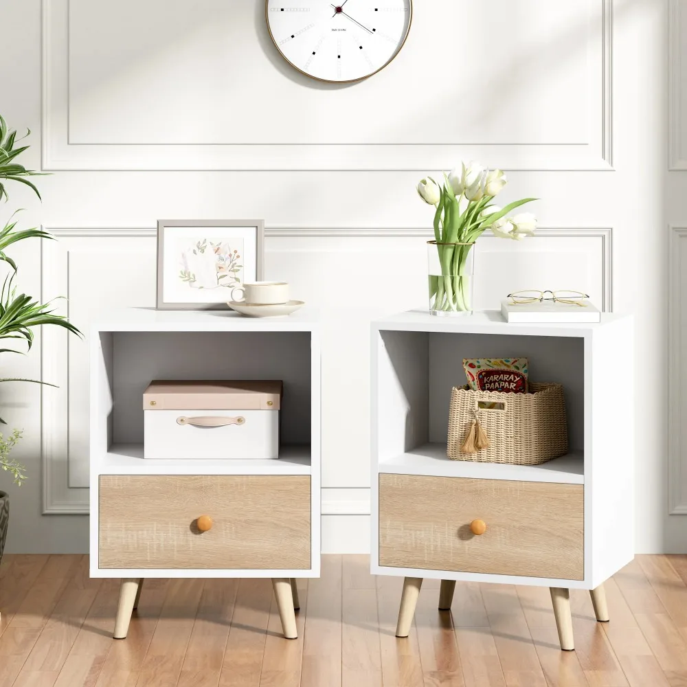 

Set of 2 Mid-Century Modern Nightstand, Bedside Table with Drawer & Open Shelf for Home Office, White and Natural