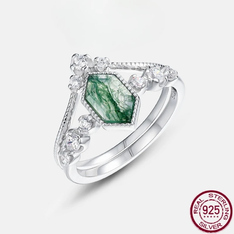 

New S925 pure silver geometric natural green moss stone water grass agate paired ring atmospheric wedding jewelry