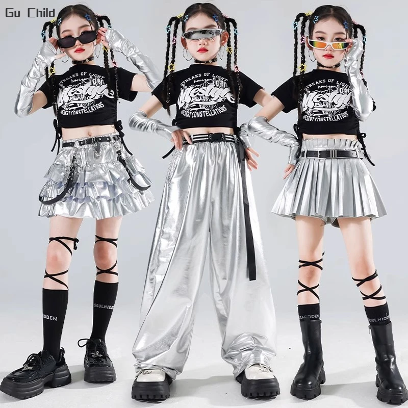 Girls Streetwear Hip Hop Crop Top Silver Cargo Pants Sequin Street Dance Skirts Children T-shirt Clothes Sets Kids Jazz Costumes