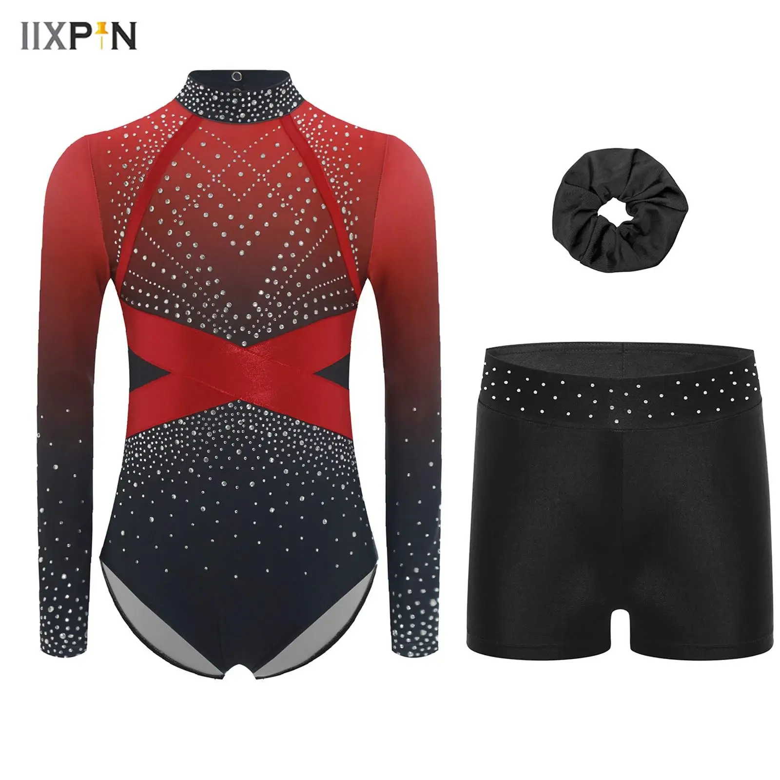 

Kids Girls Gymnastics Dance Outfit Ice Skating Bodysuit Long Sleeve Shiny Rhinestones Color Block Leotard+Shorts+Hairband 3Pcs