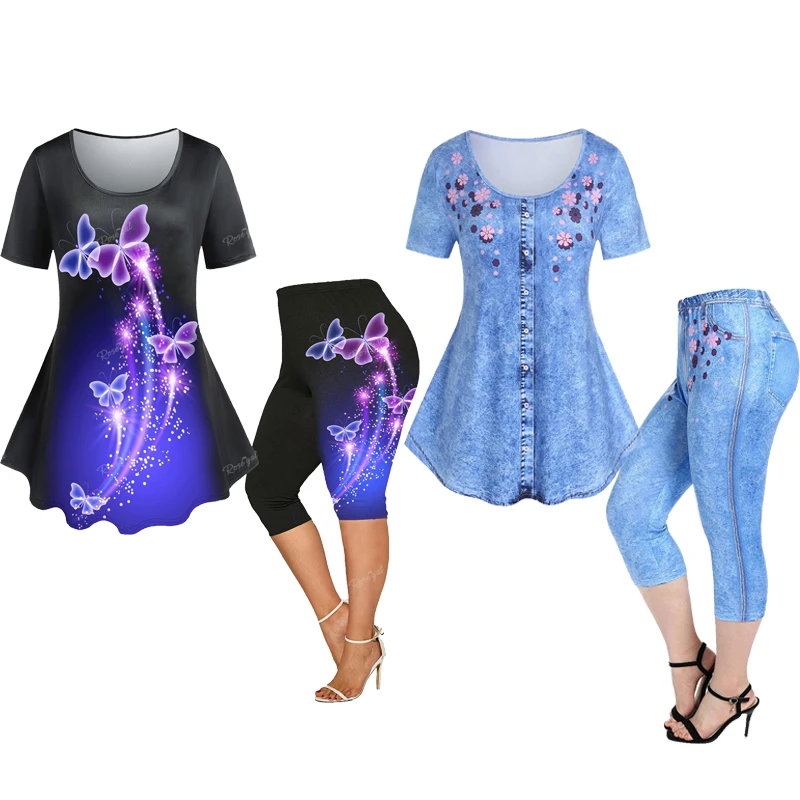 ROSEGAL Plus Size 3D Print Tee and Capri Leggings Matching Set for Women Butterfly Floral Pattern Outfits OverSize Graphic Cloth