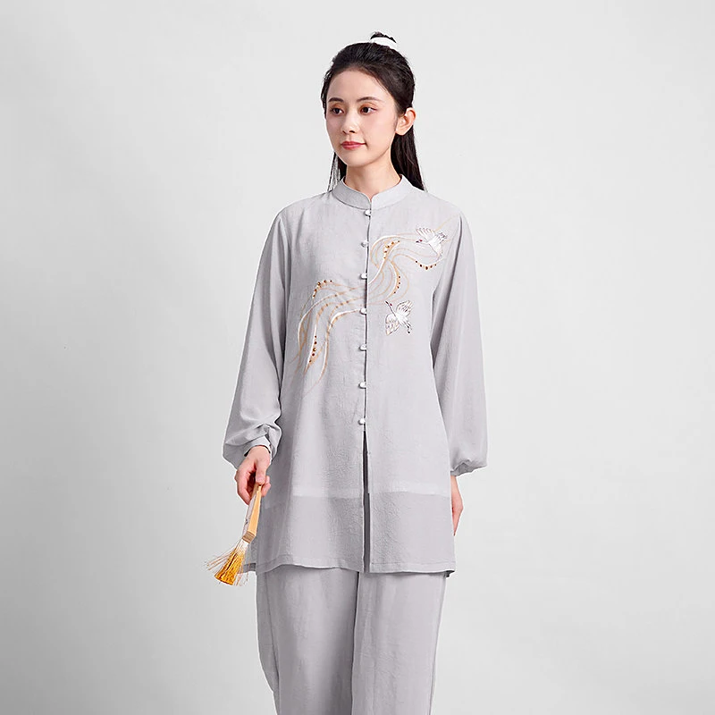 Women's Tang Style Tai Chi Uniform Set - Hand-Painted Chiffon Linen Blend for Summer, Baduanjin & Qigong Performance in Sophisti