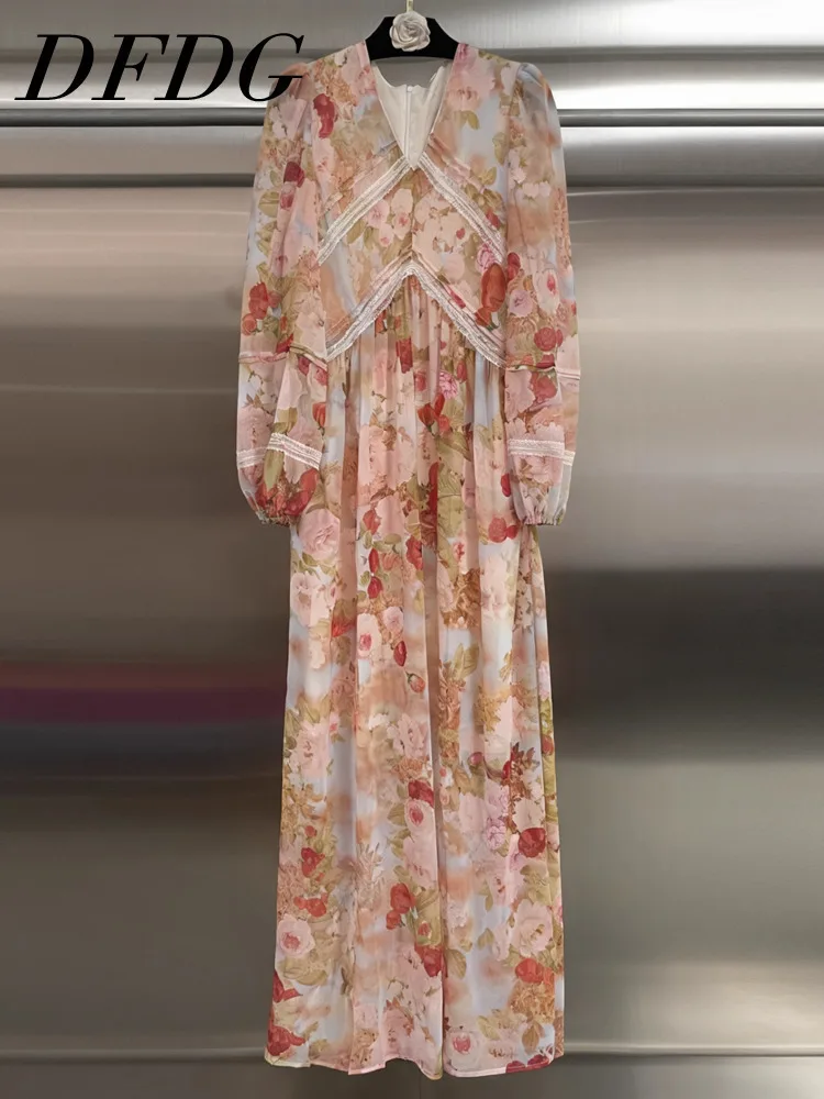 DFDG Women’s 2025 Cottagecore V-Neck Floral Print Dress Puff Sleeve Lace Trim Vintage Dress Spring Summer Casual Party Dress