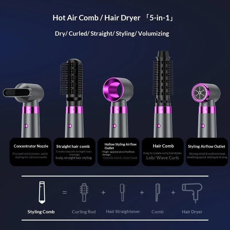 5 In 1 Negative Ion Hot Air Brush Multifunctional Hair Dryer Straightener Curler Hair Styling Tool