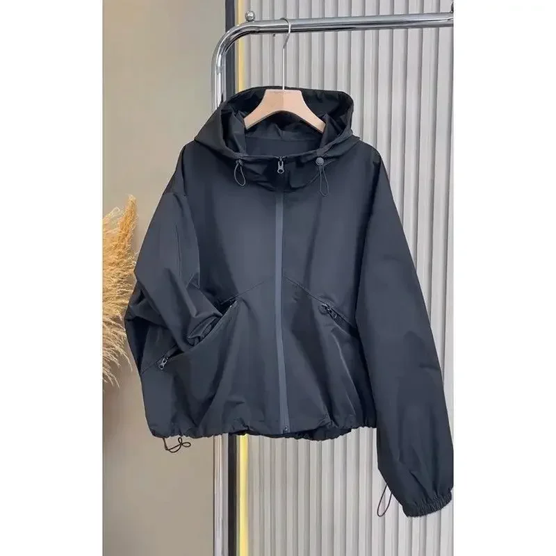

Spring and summer new high-end fashion design temperament casual hooded jacket top Korean black jacket jacket women's