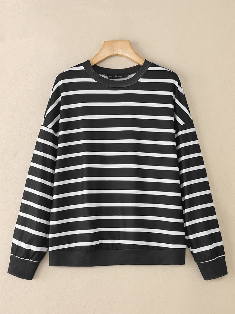

ZANZEA 2025 Women Autumn Sweatshirts Stylish Casual O Neck Long Sleeve Hoodies Pullover Elegant Striped Work Blouse Tops Mujer
