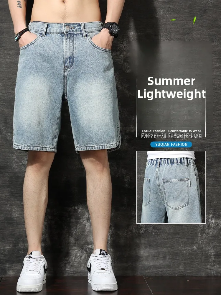 الأمريكية الرجعية الأزرق فضفاض الرجال الدنيم orts الصيف جديد واسعة الساق مستقيم خمسة أرباع عادية منتصف السراويل الشباب Faion الجينز