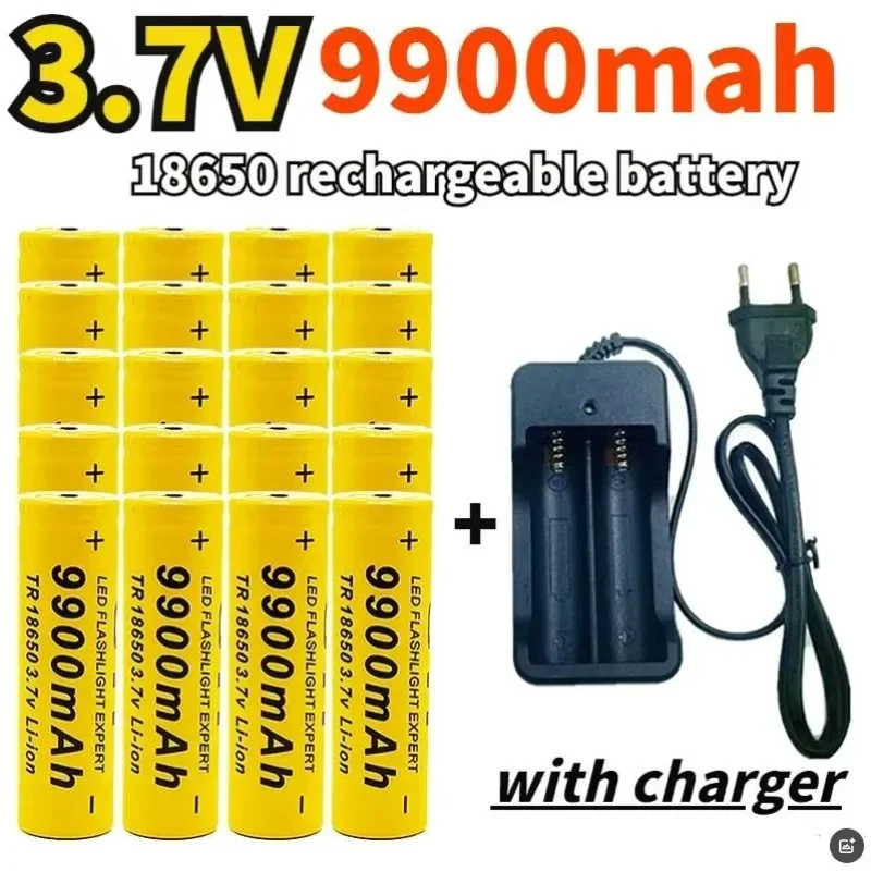 100% Original 3.7V 18650 Battery 9900mAh Lithium Rechargeable Battery flashlight Toys fans battery+charger