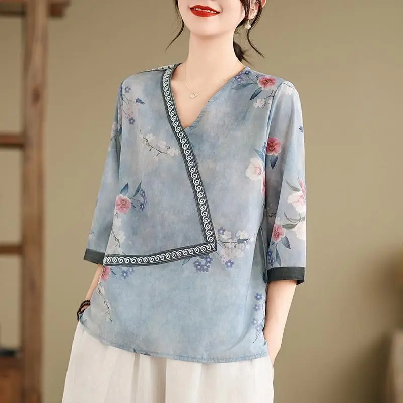 Women's Summer Chiffon V-Neck Pullover Patchwork Short Sleeve Flower Printing Tie Dye T-shirt Loose Elegant Basic Fashion Tops