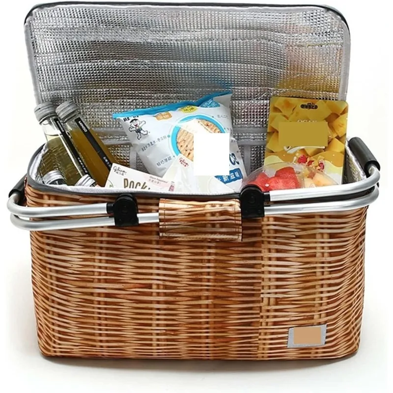 

Insulated Picnic Basket Portable Collapsible Grocery Bags Leakproof Cooler with Aluminium Handle High Capacity Camping Travel