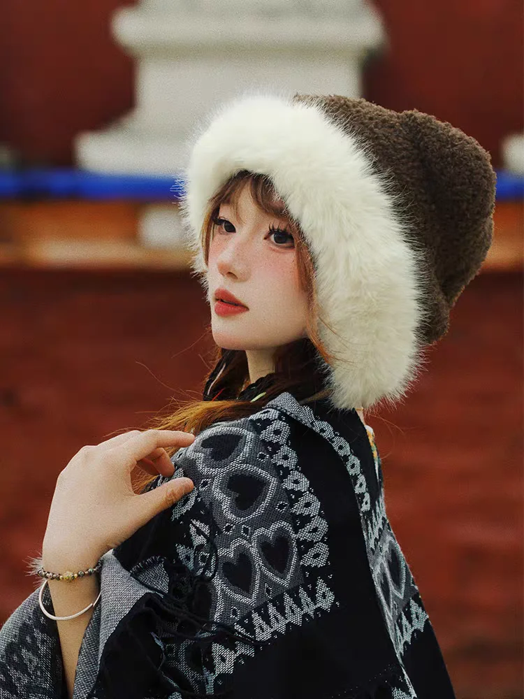 Fur Bear Earscaps Funny Fashion Autumn Winter Leopard Fur bomber Ball Plush Big ear hats Hat Soft Warm Thick Basin Bucket Hats