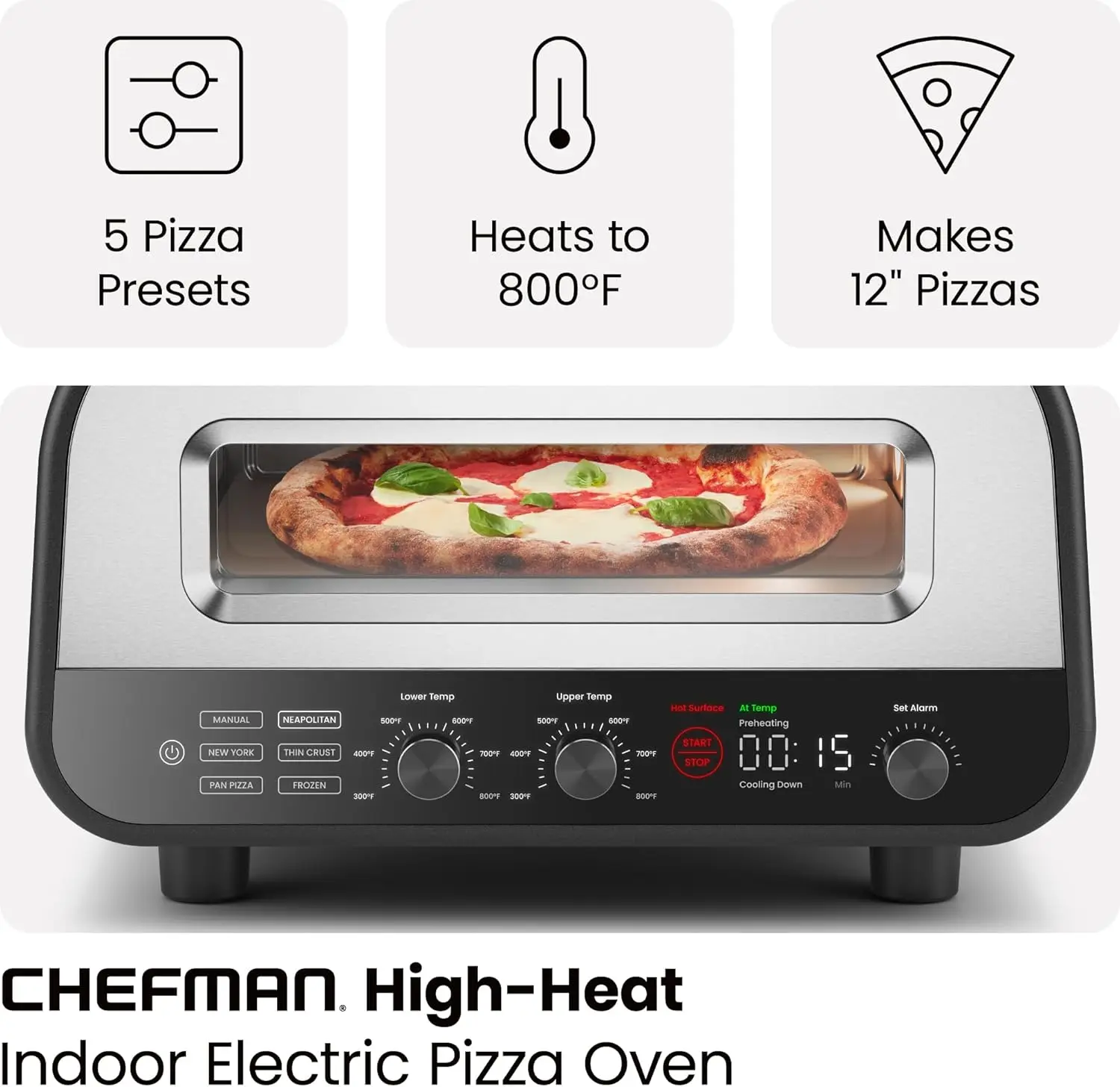 Countertop Electric Pizza Oven - Bakes 12-Inch Pizzas Quickly, Reaches 800°F - Stainless Steel, Includes Pizza Stone and Peel, 5