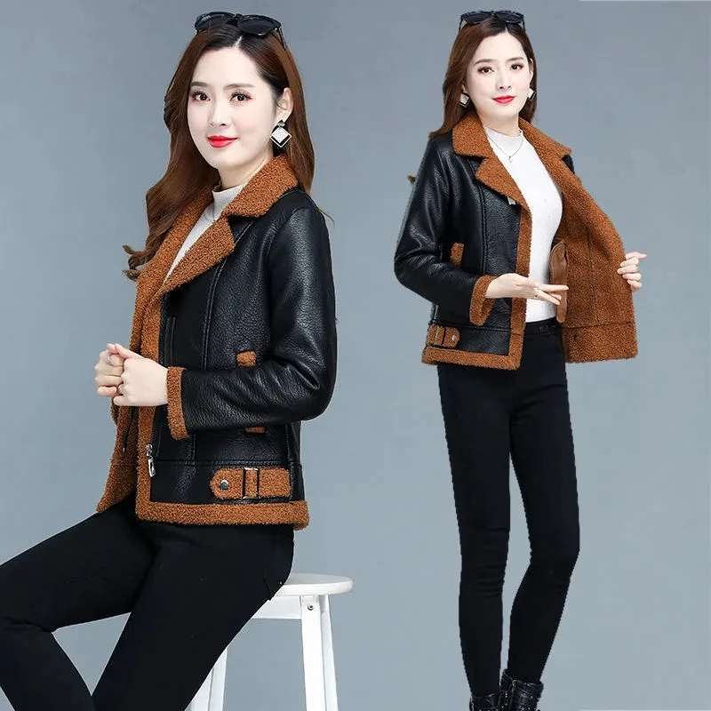 Velvet Thick Leather Jacket Women's 2022 Autumn  Winter New Korean PU Fur Coat Short Imitation Lamb Fur Jacket Mother Wool Coat