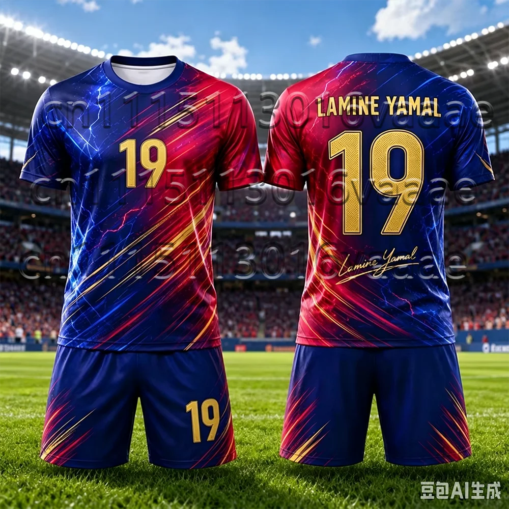 Kinder-Trainingsanzug Fußballtrikot Yamal Nr. 19 Bedrucktes T-Shirt+Shorts-Set Spanien Fan-Outfit Sportbekleidung Kinder/Erwachsene 2-teiliges Set – Detail 5