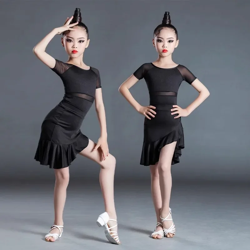 

110-170cm Latin Dance Dress Kids Adult Salsa/Ballroom/Tango/Cha Baby Girl Black tops Vestidos Solid Women Prefessional Costume