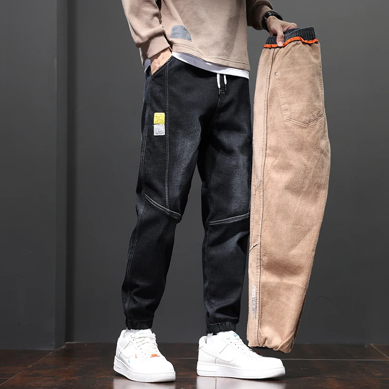 Winter Casual Splicing Jeans Men\'s Fashion Fleece Warm Plush Outdoor Sweatpants Male Elastic Waist Denim Trousers