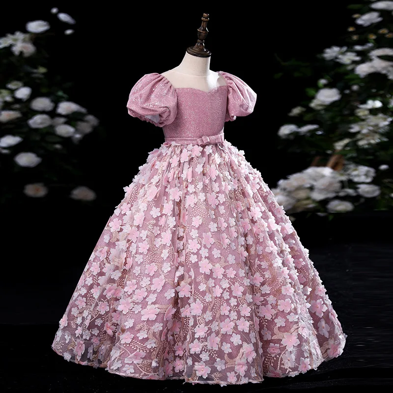 Luxurious Girl's Dresses Pink Petal embroidery Ball Gown Flower Girl dress For Wedding Birthday Party Pageant Long dress