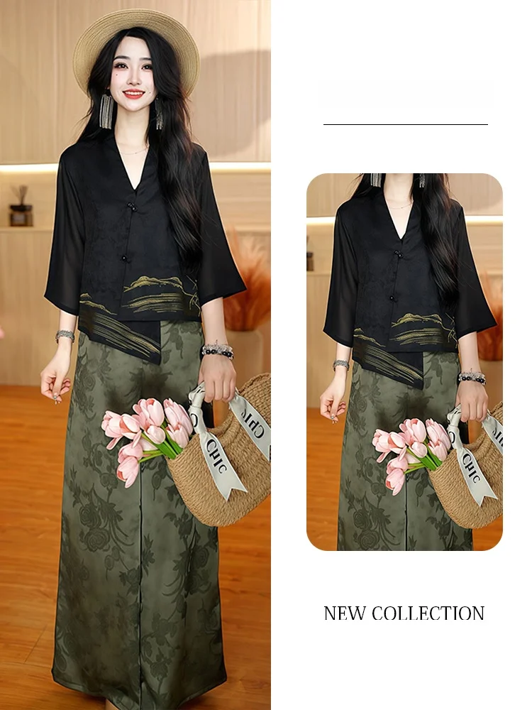 

Новый китайский комплект Sle Faion, женские летние свободные утягивающие широкие брюки, костюм из двух предметов, топ на пуговицах V-Ne ort Sve