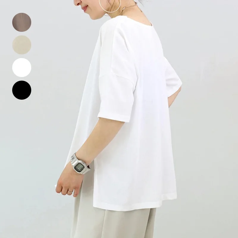 Lotte Nueva camiseta de verano de manga corta para mujer, algodón puro, corte holgado, color liso, dobladillo dividido, cuello redondo, top de cinco mangas