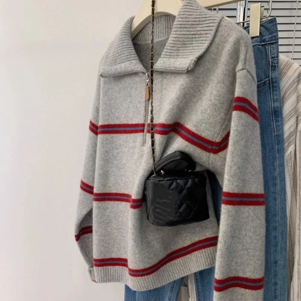 Korean Style Long Sleeve Knit Stripe Hoodie Autumn Casual Crochet Knitwear Sweater Loose Sweet Girl's Pullover Girl