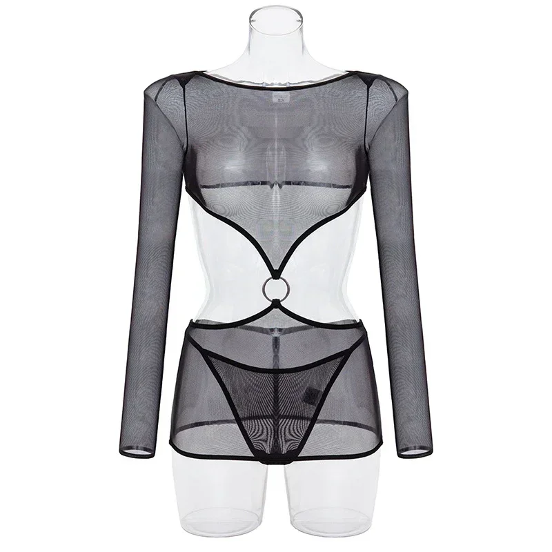 فستان شفاف مثير ملهى ليلي ملابس داخلية ضيقة المرأة بقماش شفاف فساتين طويلة الأكمام المحاصيل القمم كلوبوير فستان قصير