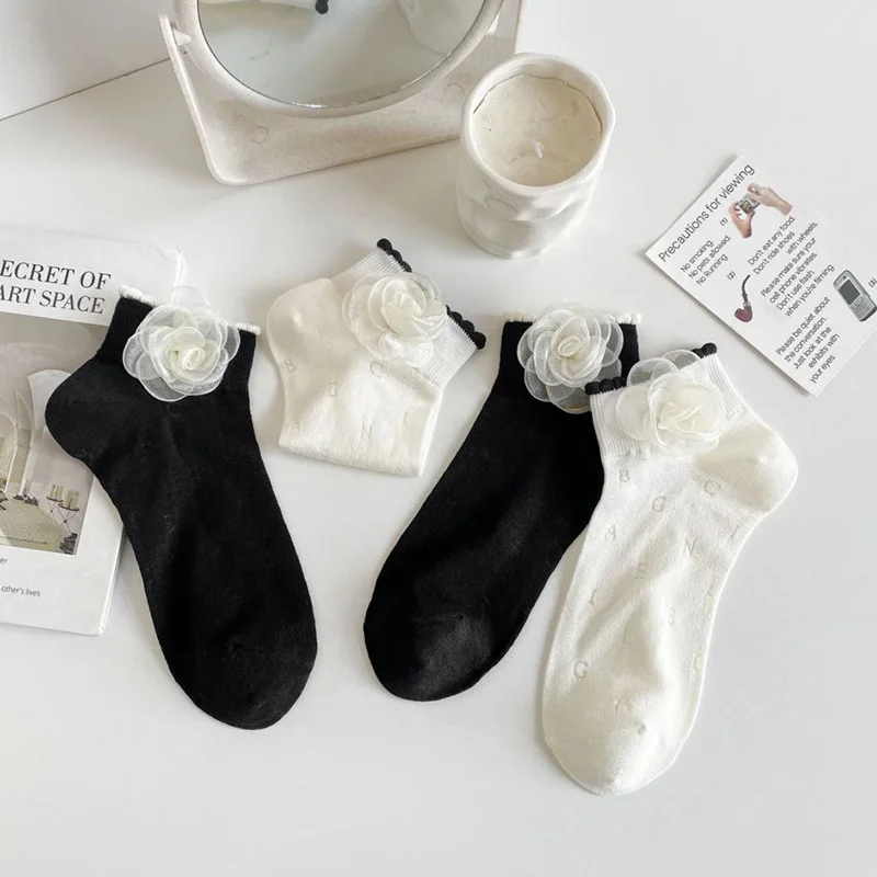 2 Pair Set Women Summer Thin Cotton Simple Cute Low Cut Socks Exquisite Letter Comfortable Camellia Flowers Lolita Fashion Wear