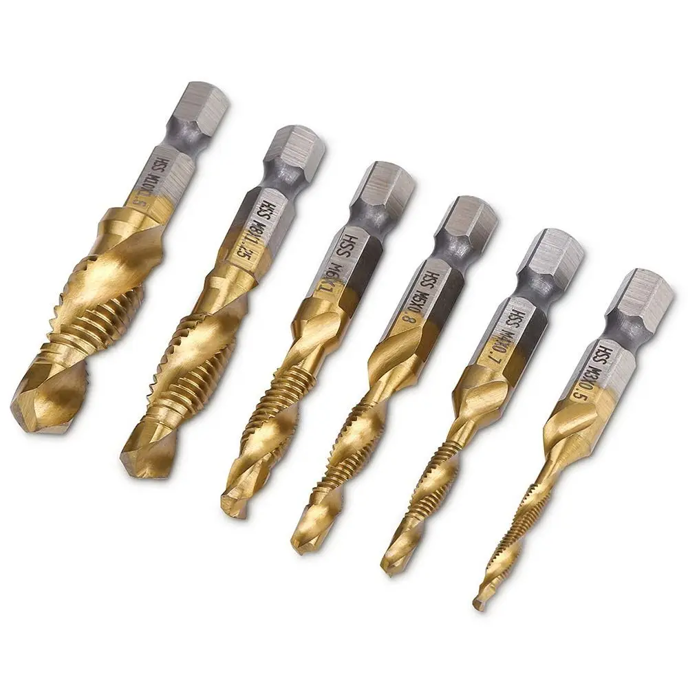 Compound Tap HSS Screw Thread Bit Screw Machine Shank Tap Drill Bits Titanium Plated Hex Shank Tap Drill Bit