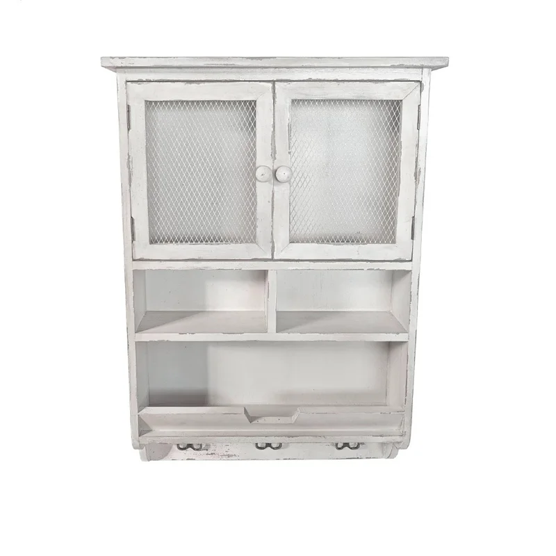 

Vintage Wire Mesh Cabinet, White Distressed Metal Wall Storage Unit, 78x51x30cm, French Country Style with Doors and Hooks