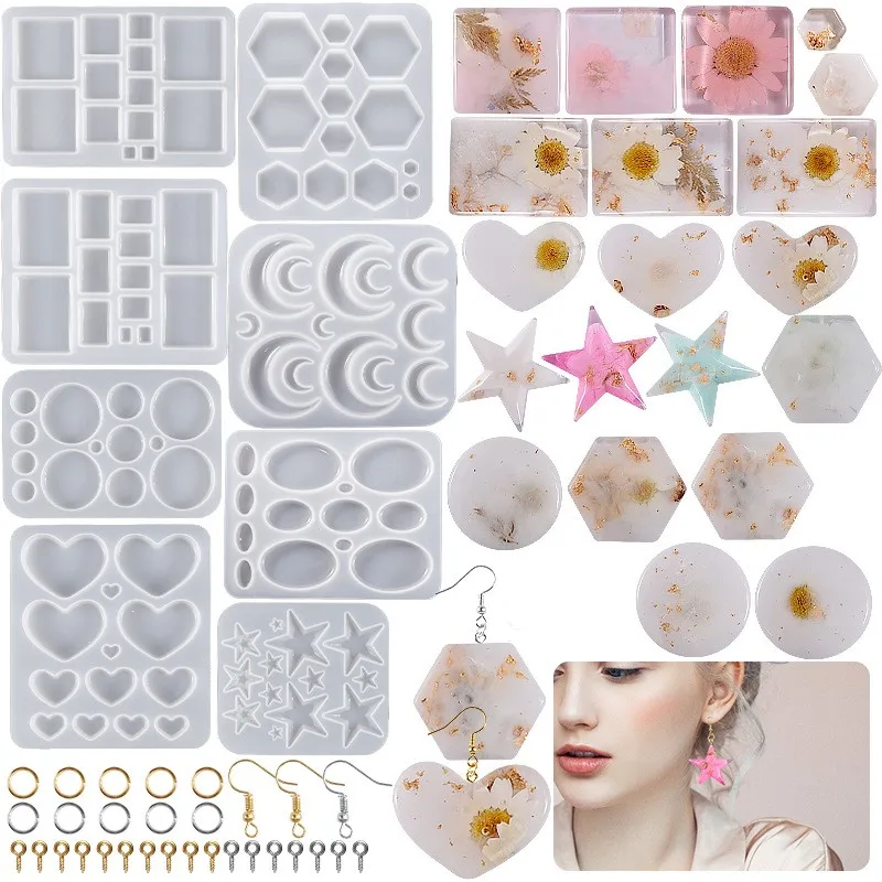 DIY Resin Earrings Mold 3D Star Round Heart Shapep Earrings Pendant Jewelry Epoxy Silicone Molds Necklace Keychain Making Mold