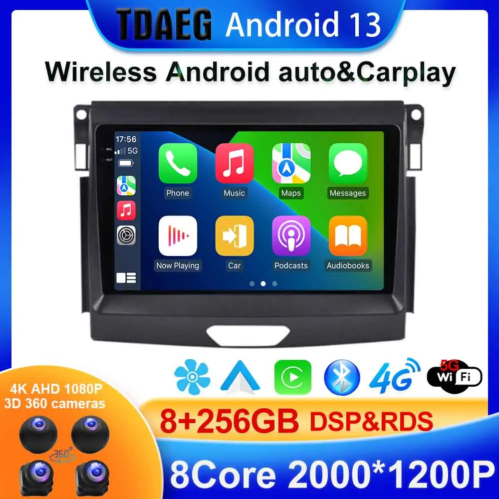 BT5.0 8 + 256G Wireless carplay auto Android 13 QLED Car multimedia audio system car DVD display for Ford Ranger 2015 2020