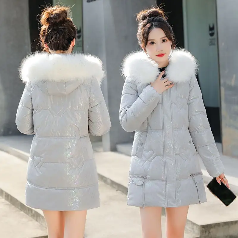 Winter Down Cotton Jacket for Women Medium Length Hooded Fake Fur Collar Padded Coats Korean Style Slim Outerwear Parka 2024