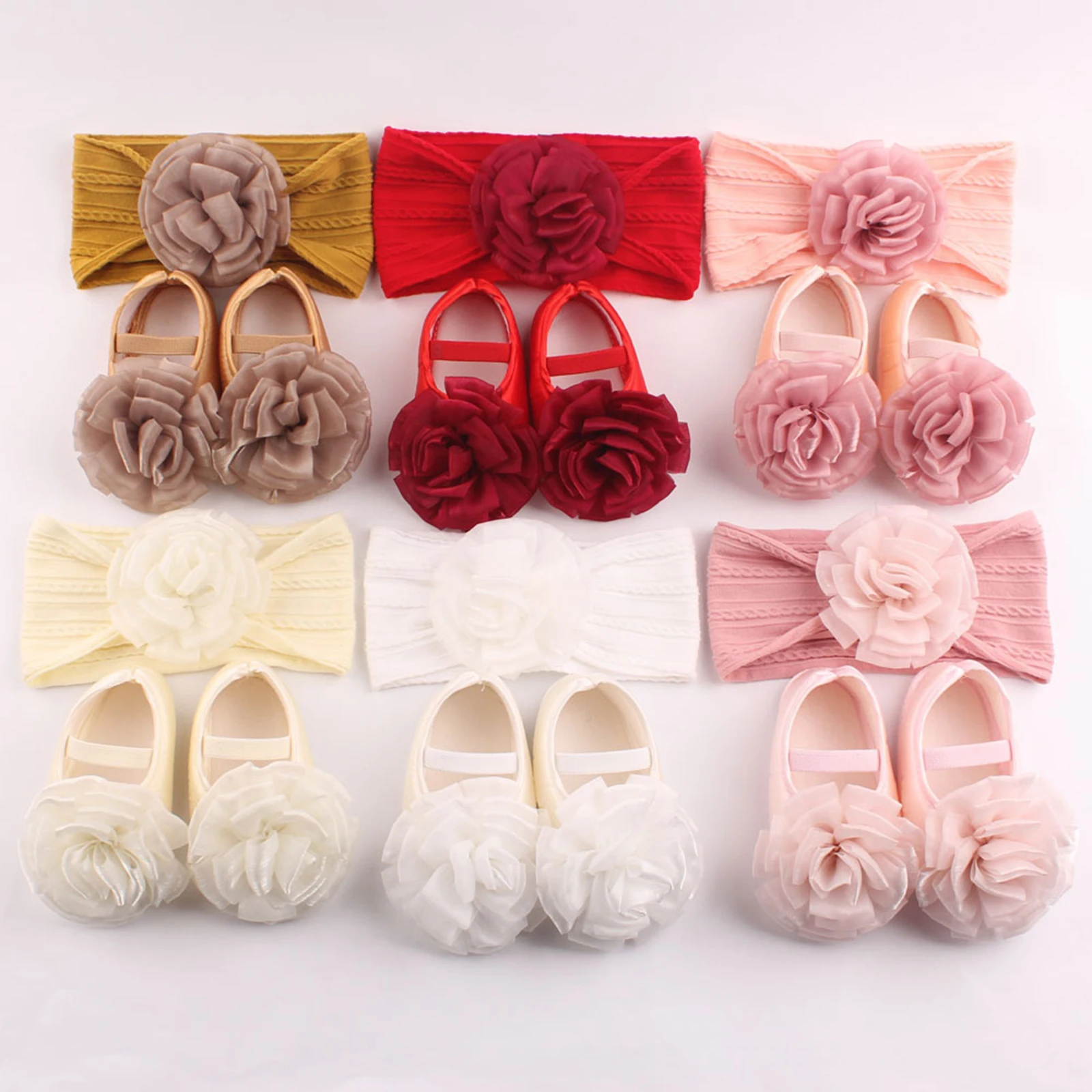 

0-1 Years Infant Baby Girls Baptism Shoes and Headband Dainty 3D Flower Mary Jane Flats and Hairband Sets