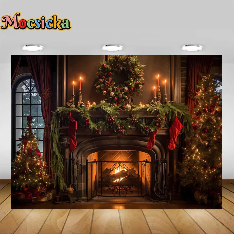 Christmas Fireplace Photography Backgrounds Red Stockings Candles Decorations Xmas Tree Photo Studio Props Winter Backdrops