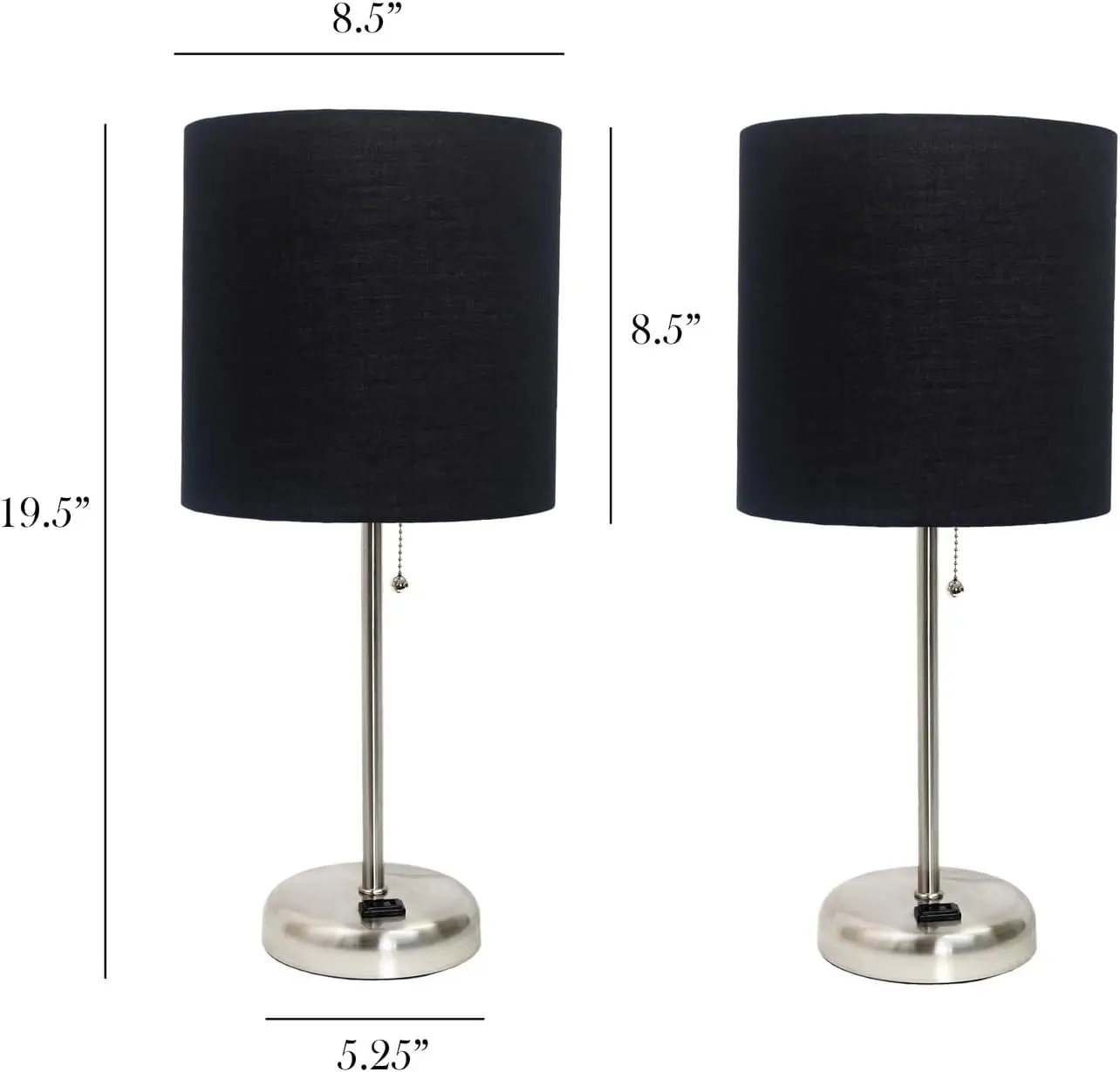 Gothic Grandeur Brushed Steel Stick Table Desk Lamp with Charging Outlet and Drum Fabric Shade 2 Pack Set, Black Shade