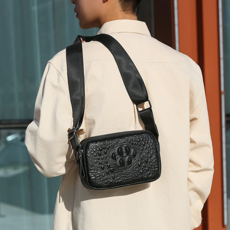 Fashion Real Cow Leather Alligator Pattern Small Handbag Men Women 7.9 inch Ipad Tote Crossbody Bag Casual Unisex Shoulder Bags